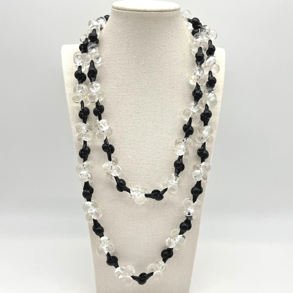 Vintage Long Black &‎ Clear Bead Necklace Costume Jewelry Fashion Accessory
